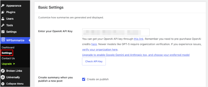 Aggiunta dell'API OpenAI alle impostazioni di WPSummarize Aggiunta dell'API OpenAI alle impostazioni di WPSummarize