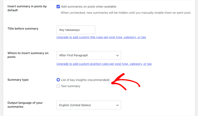 Scelta del tipo di riassunto in WPSummarize Scelta del tipo di riassunto in WPSummarize