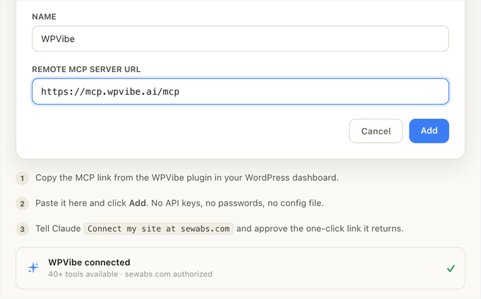 WPVibe se connecte avec Claude en utilisant un lien WPVibe se connecte avec Claude en utilisant un lien