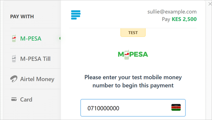 The Paystack payment popup on a WPForms form offering M-PESA, Airtel Money, and card payment options in Kenyan shillings The Paystack payment popup on a WPForms form offering M-PESA, Airtel Money, and card payment options in Kenyan shillings