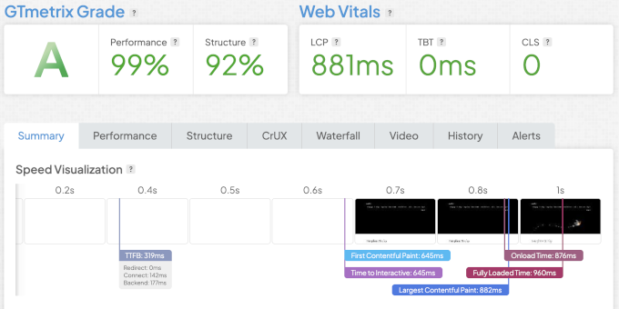 Résultat du test de vitesse Bluehost montrant un LCP de 881 ms